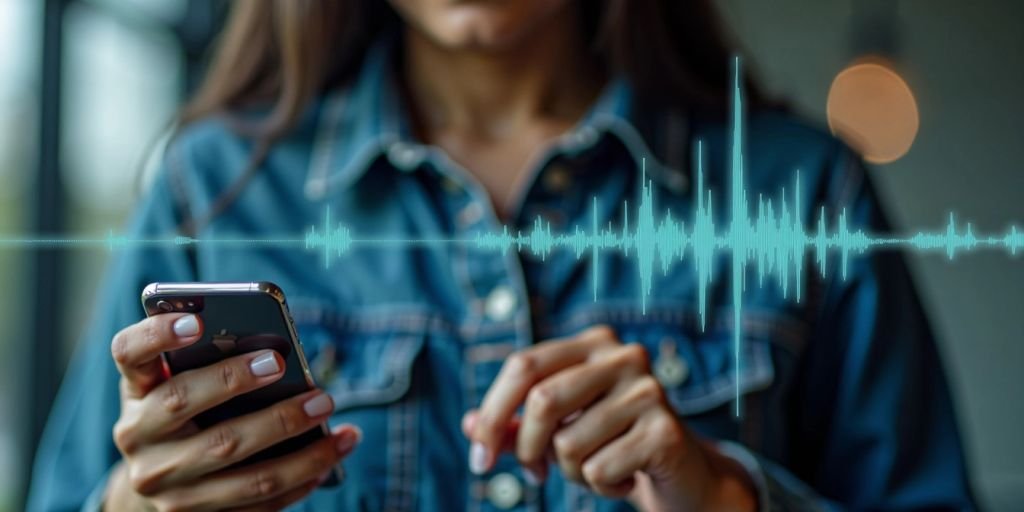 Person holding phone with waveform overlay