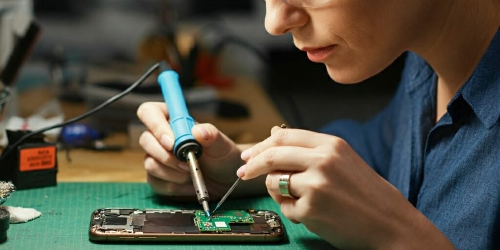 Woman soldering components on a smartphone circuit board.