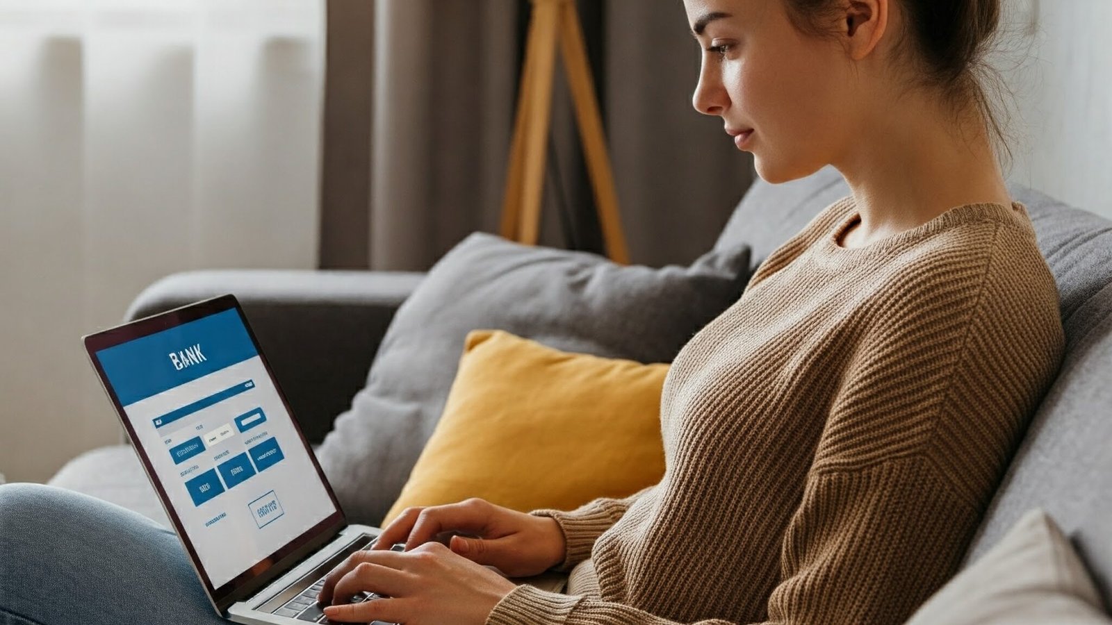 Woman reviewing online banking security measures.