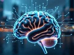 Brain with digital circuits in a futuristic setting.