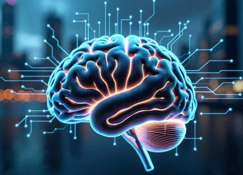 Brain with digital circuits in a futuristic setting.