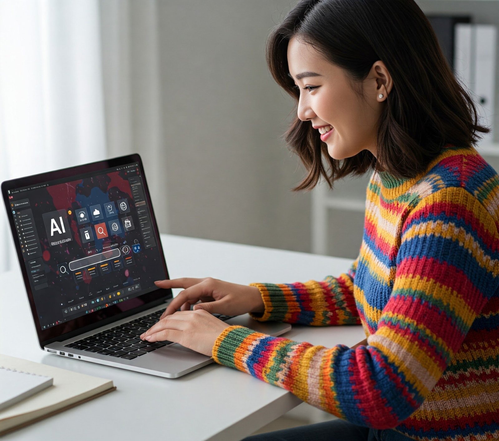 Woman using AI Search Engine on a laptop