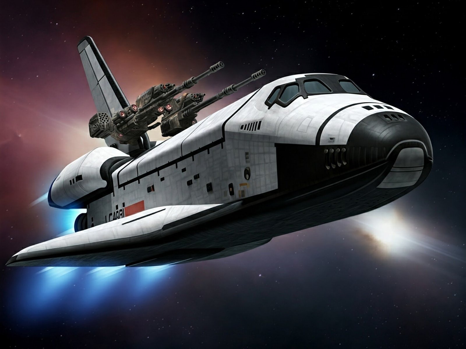 a space shuttle equipped with weapons, futuristic.