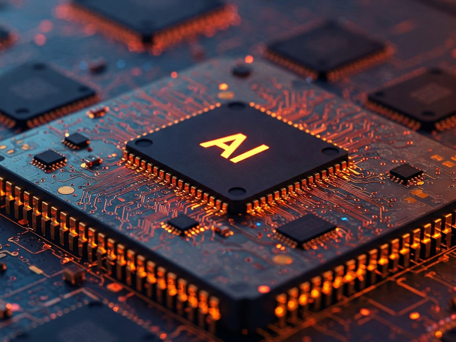 AI chips and semiconductors glowing in a reddish hue with backlighting.