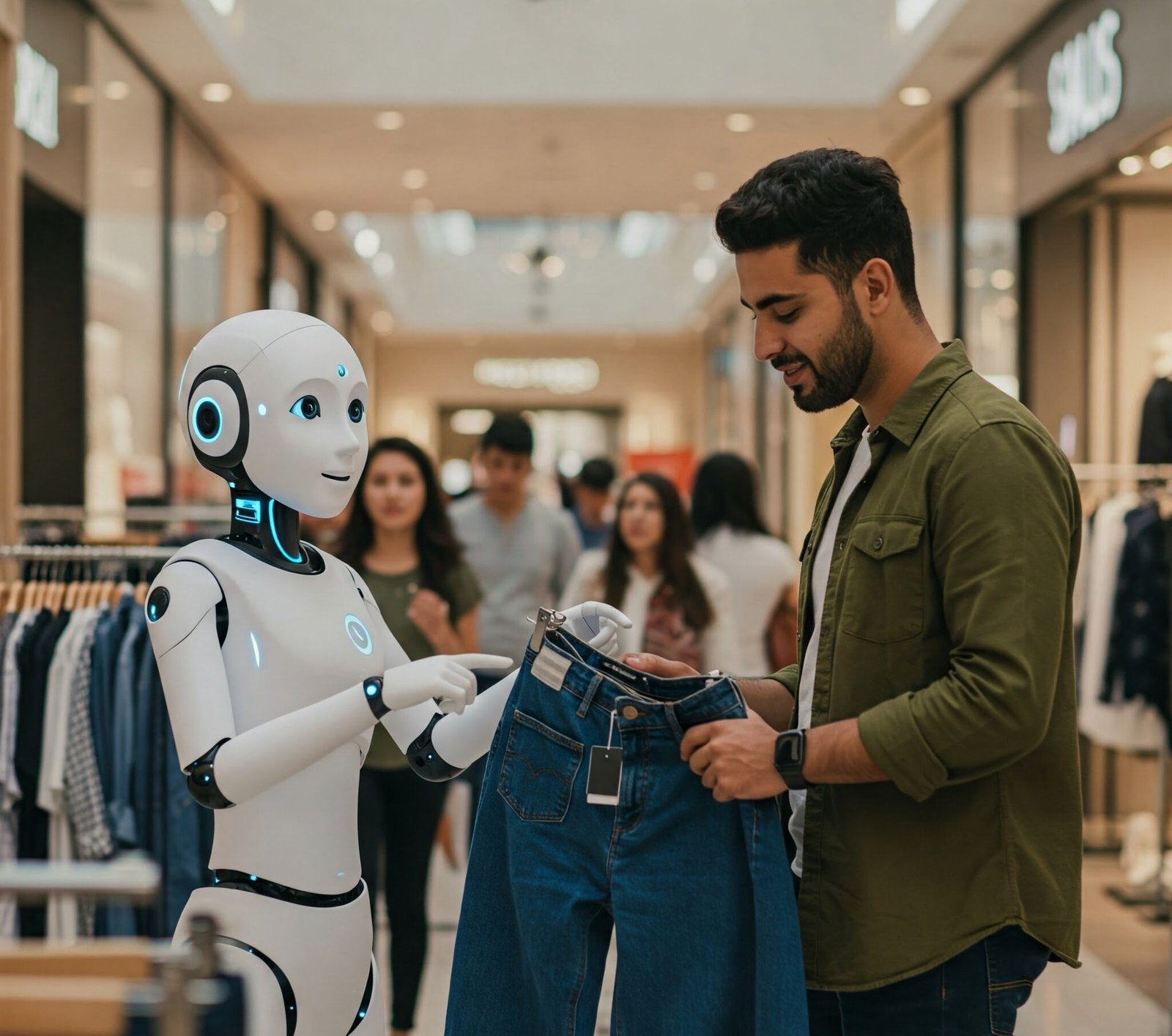 An AI Agent robot assisting a man to select clothes