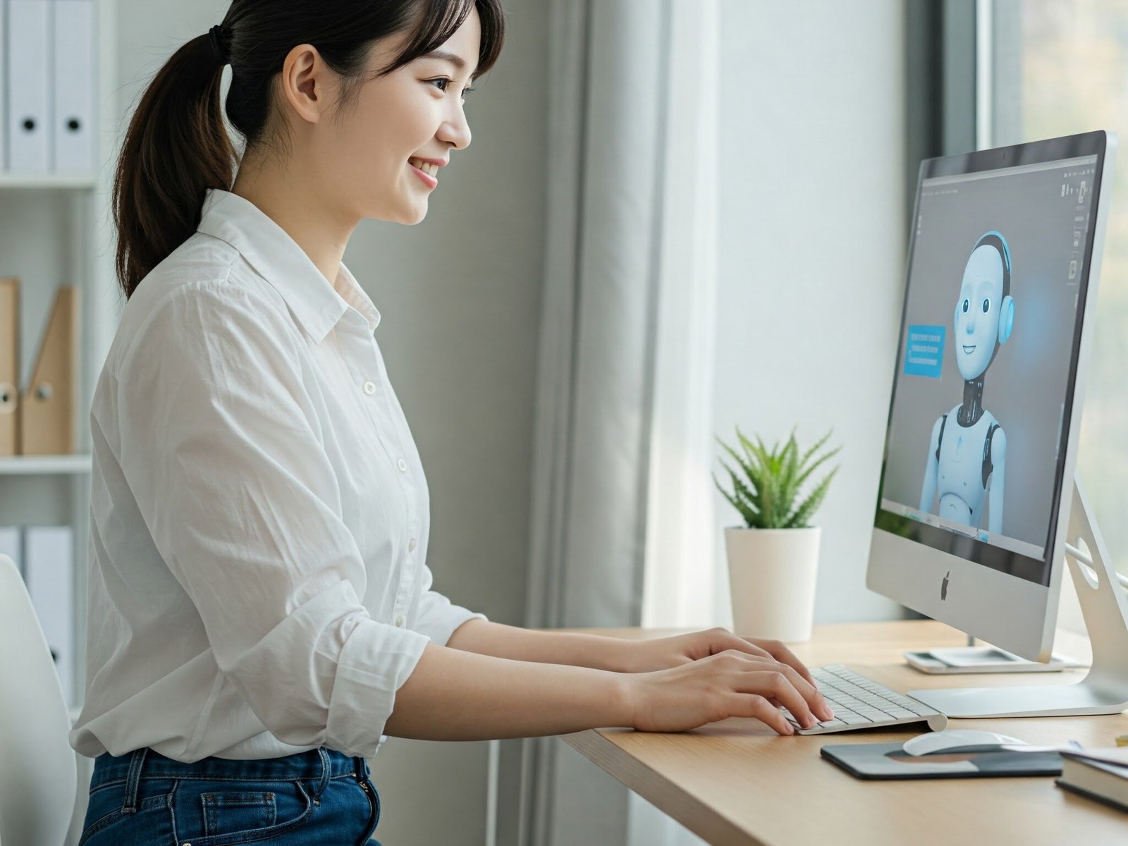 a chinese woman chating with an AI chatbot on a pc.