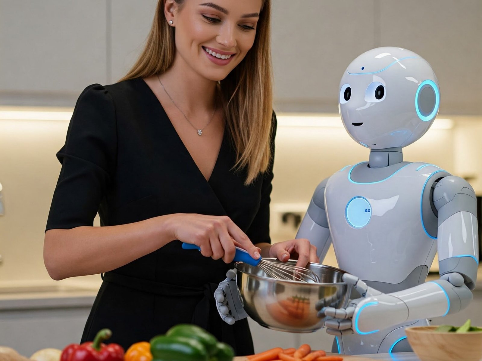 an AI agent assisting a woman to cook in the kitchen.