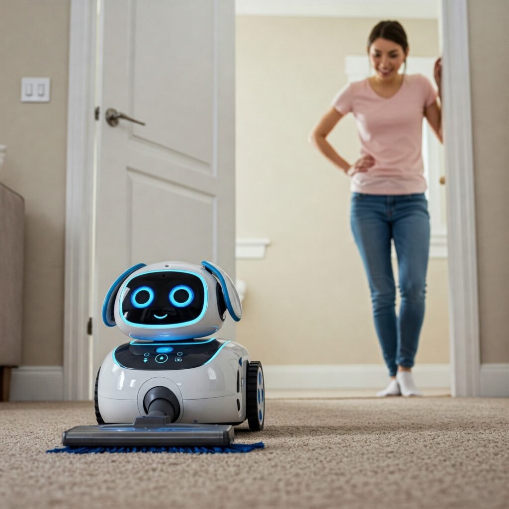 An autonomous AI agent robot cleans the house while a woman looks on.