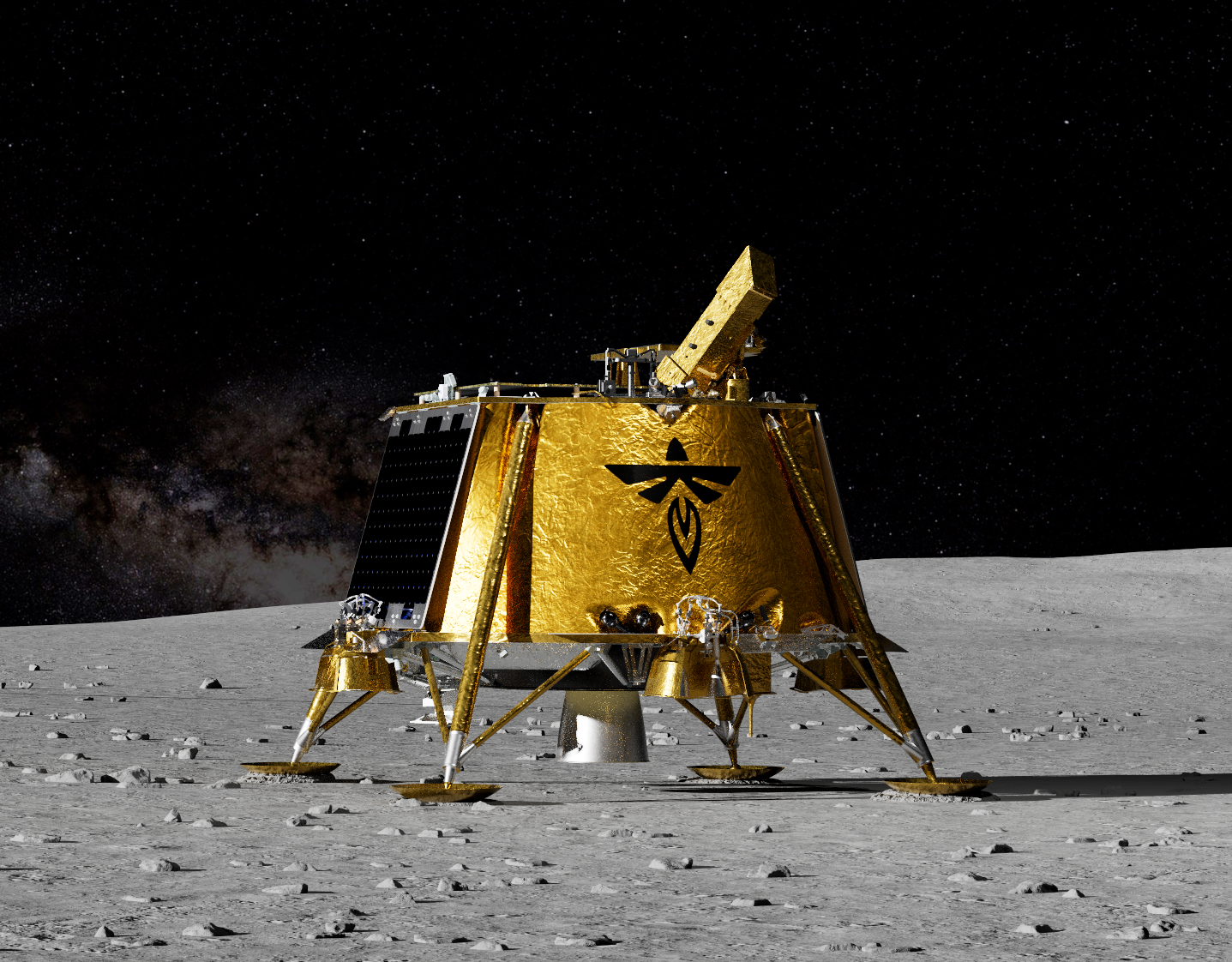 A spacecraft, the Blue Ghost lunar lander, is depicted against a backdrop of stars. It features a central body with extending components, suggesting a landing configuration. The image highlights the lander's design and features. Image credit: Firefly Aerospace, via fireflyspace.com