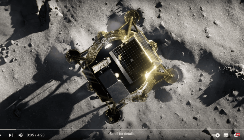 A top-down view of the Blue Ghost lunar lander. The lander is resting on the lunar surface, appearing stable and upright. The image highlights the lander's design and features from a unique perspective.  Image credit: Firefly Aerospace, via fireflyspace.com