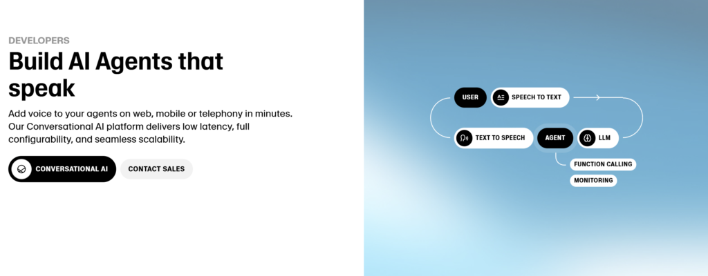 ElevenLabs website screenshot displaying the phrase "Build AI Agents that Speak."