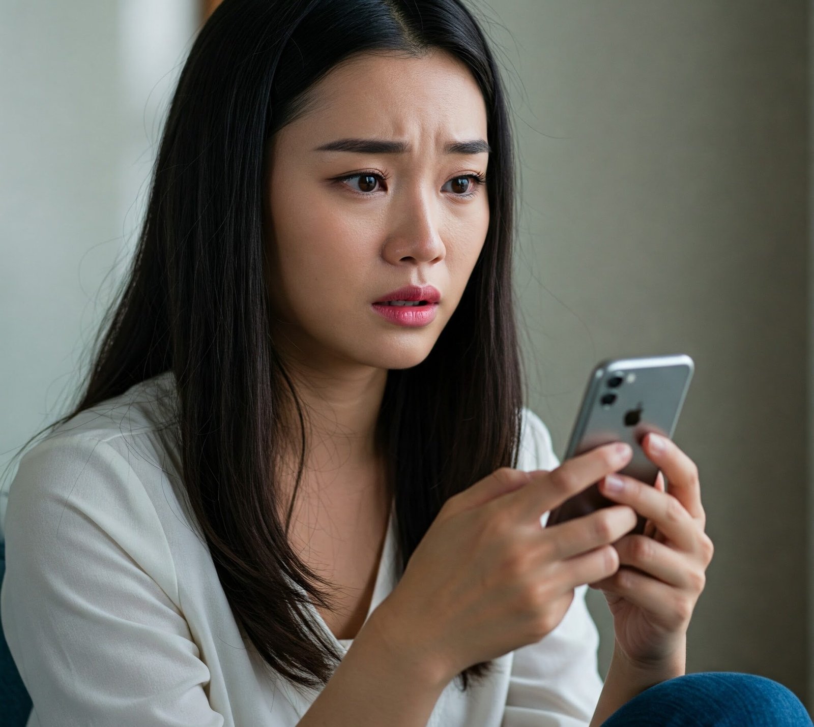 A worried woman stares at her phone, reading an SMS message.