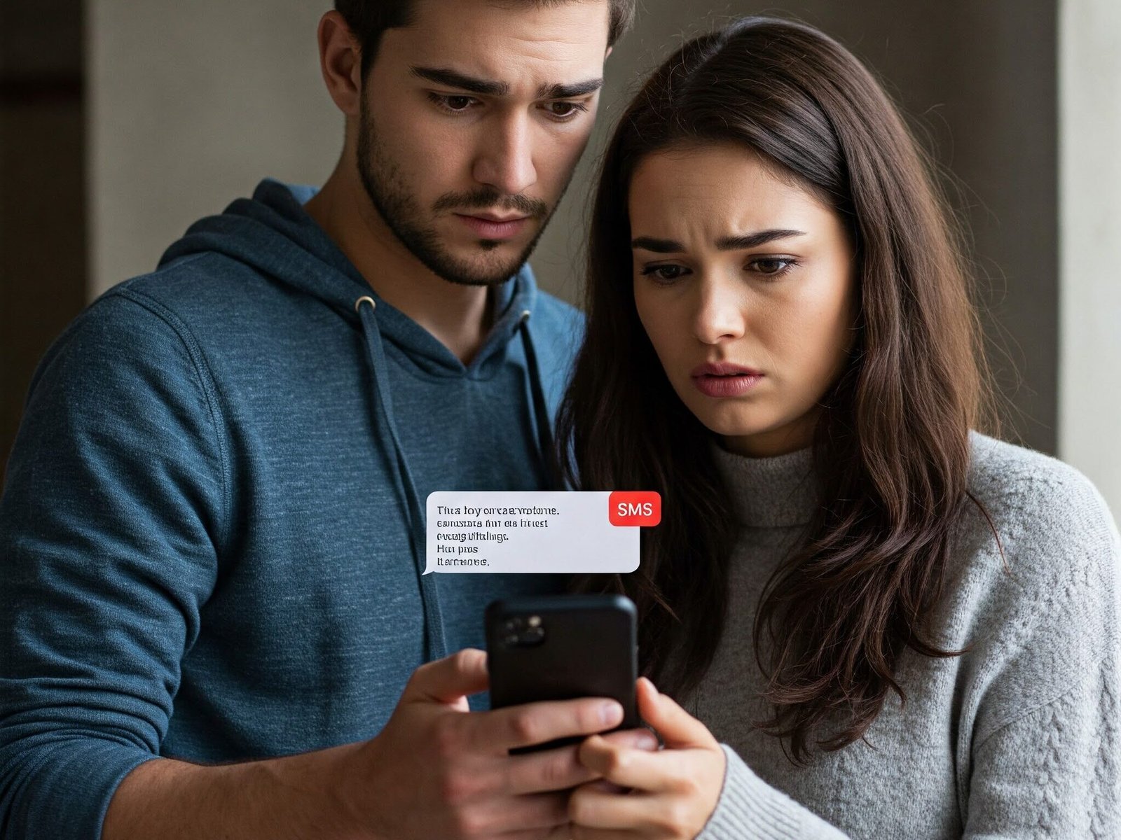 A man and woman, worried about a text message scam, look at the SMS received on their smartphones.