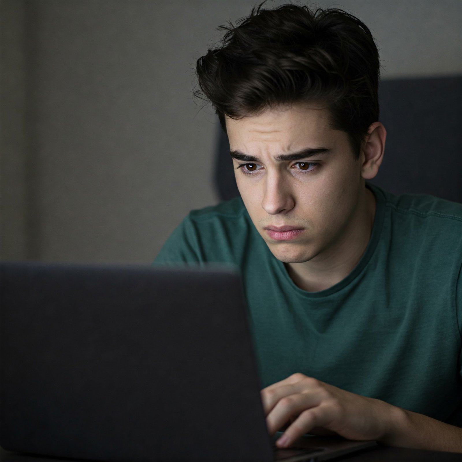 A young man gazes at a laptop screen, anxious about his data found online.