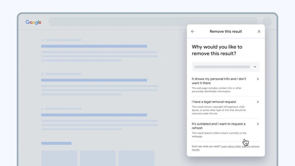 A screen displaying Google's Results About You tool presents questions regarding the personal data available online, allowing users to make selections and continue.