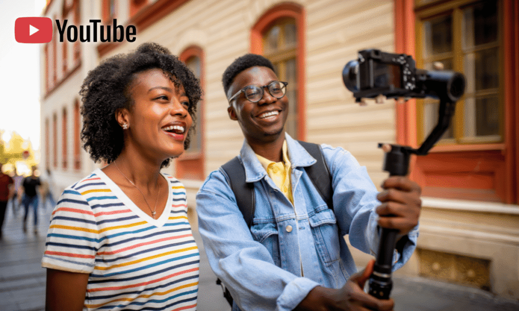 Diverse YouTube creators collaborating to film content outdoors with professional camera gimbal, showcasing the creator partnerships driving YouTube's $70 billion creator economy and global content reach across platforms.