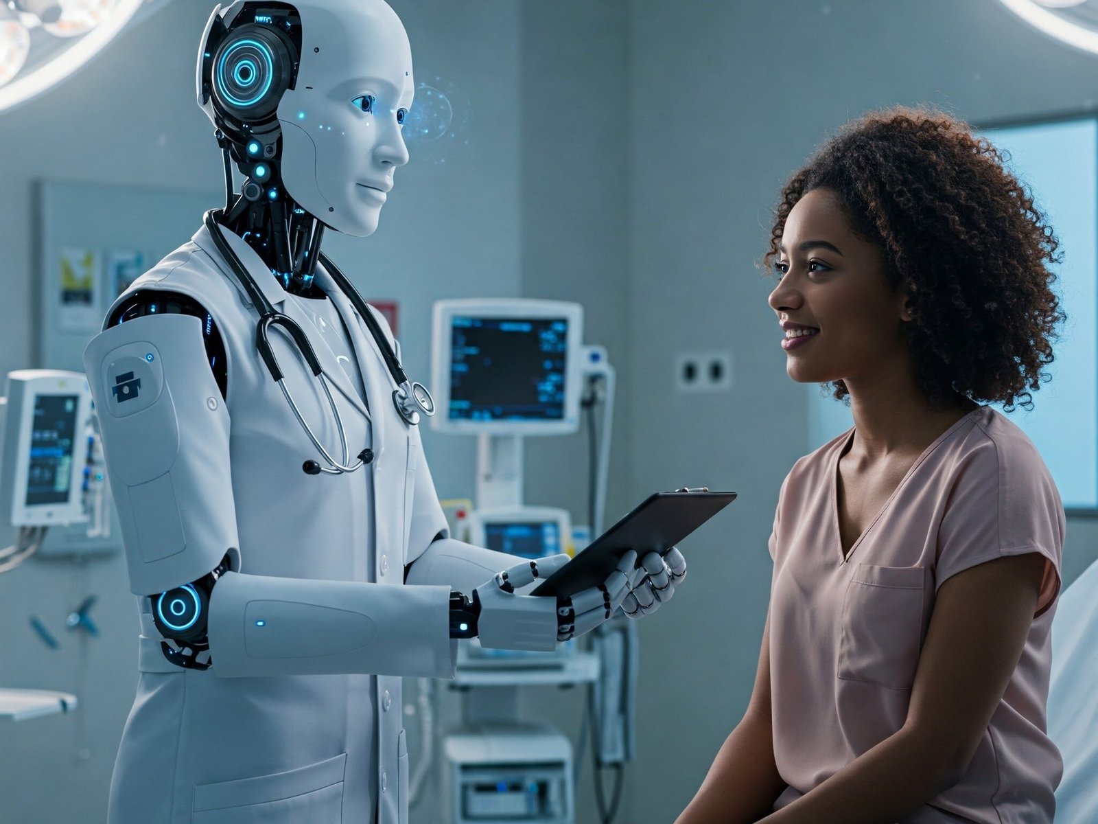 A robot resembling a doctor interacts with a woman on an examination table in a medical setting.