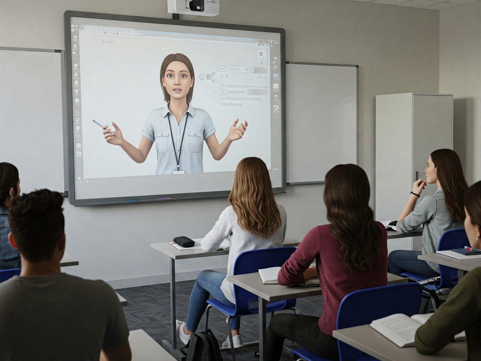 University students attentively watch an AI avatar teaching on a large screen mounted on the classroom wall.