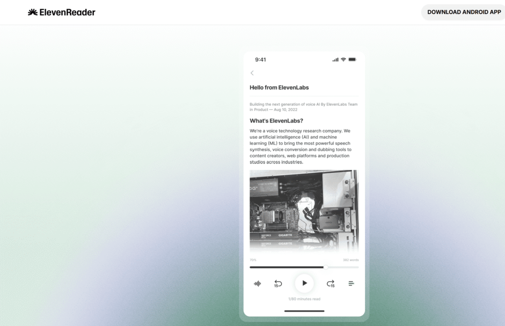 ElevenReader mobile app interface showing AI voice technology with playback controls for article reading, demonstrating text-to-speech functionality for saved content.