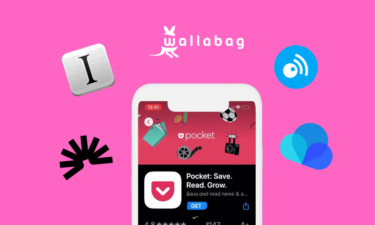 Pocket alternatives comparison on bright pink background featuring logos of Wallabag, Instapaper, and other read-it-later apps surrounding a smartphone displaying the Pocket app store listing that's being discontinued in 2025.