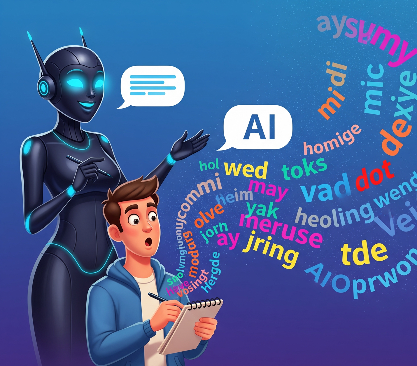 A man writes as an AI bot generates swirling words, illustrating how AI changes human speech and writing.