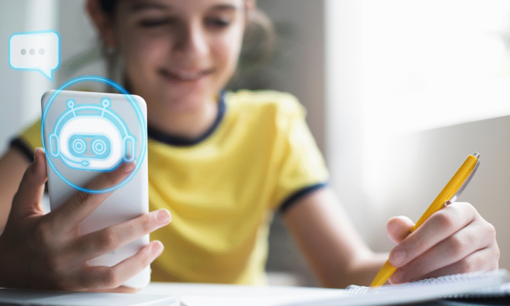 A student in a yellow shirt sits at a desk with a pen and paper, using a smartphone displaying an AI chatbot interface with a robot icon and speech bubble, illustrating the integration of artificial intelligence tools in academic writing and homework completion.