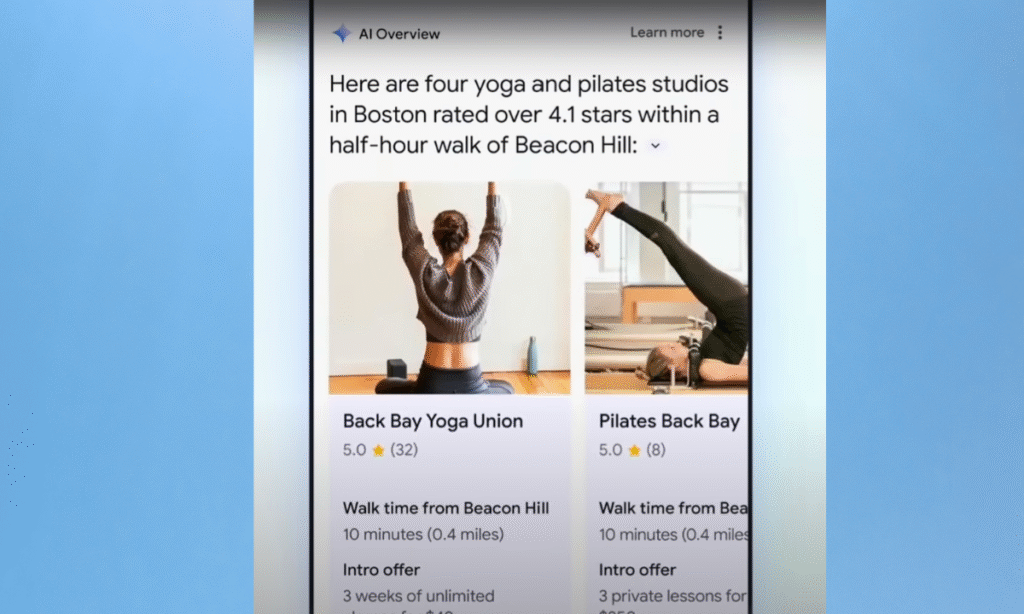 Google AI Overview displaying local business search results for yoga and pilates studios, and promotional offers, demonstrating how AI Overviews provide comprehensive local business information directly in search results.
