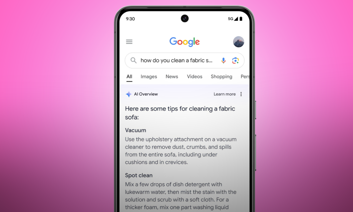 Smartphone screen showing Google search results with an AI Overview box providing direct answers, demonstrating how AI summaries can provide information without users clicking through to source websites.