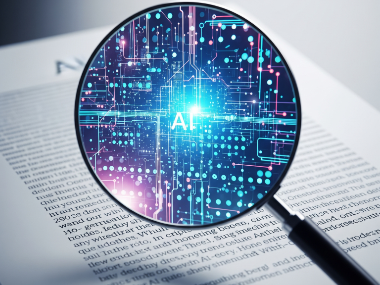 A magnifying glass reveals digital patterns within a document, illustrating the detection of AI-generated content.
