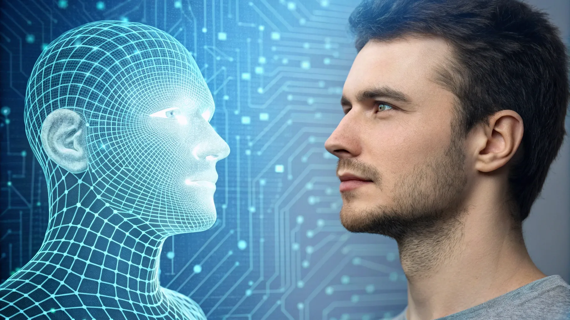 A man's profile facing a glowing, wireframe AI head, with a digital circuit background, showing hidden AI Watermarking