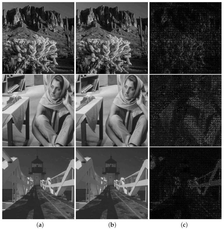 Examples of original images (a), images with an embedded digital watermark (b), and the extracted digital watermark patterns (c)