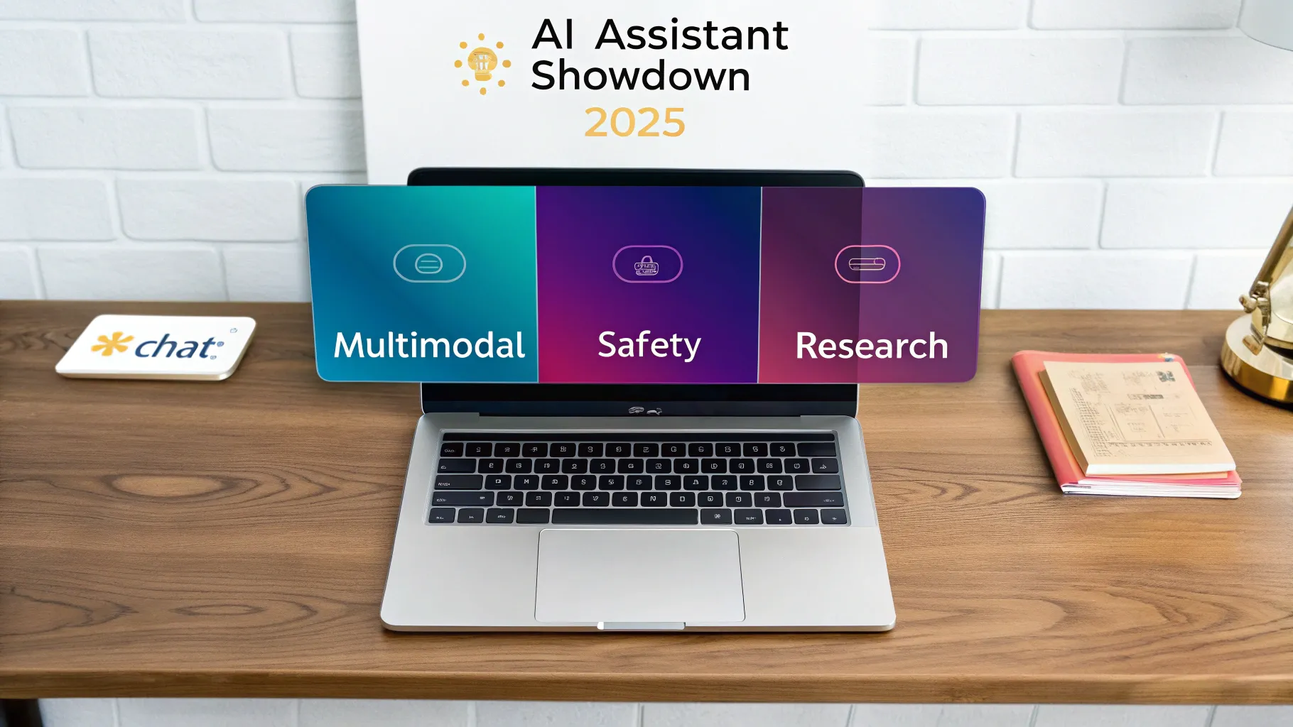A close-up photograph of a laptop on a wooden desk with a sign above it that reads, "AI Assistant Showdown 2025." Three translucent, colored overlays are in front of the screen, labeled "Multimodal," "Safety," and "Research." A nameplate with the word "chat" is on the left side of the desk.
