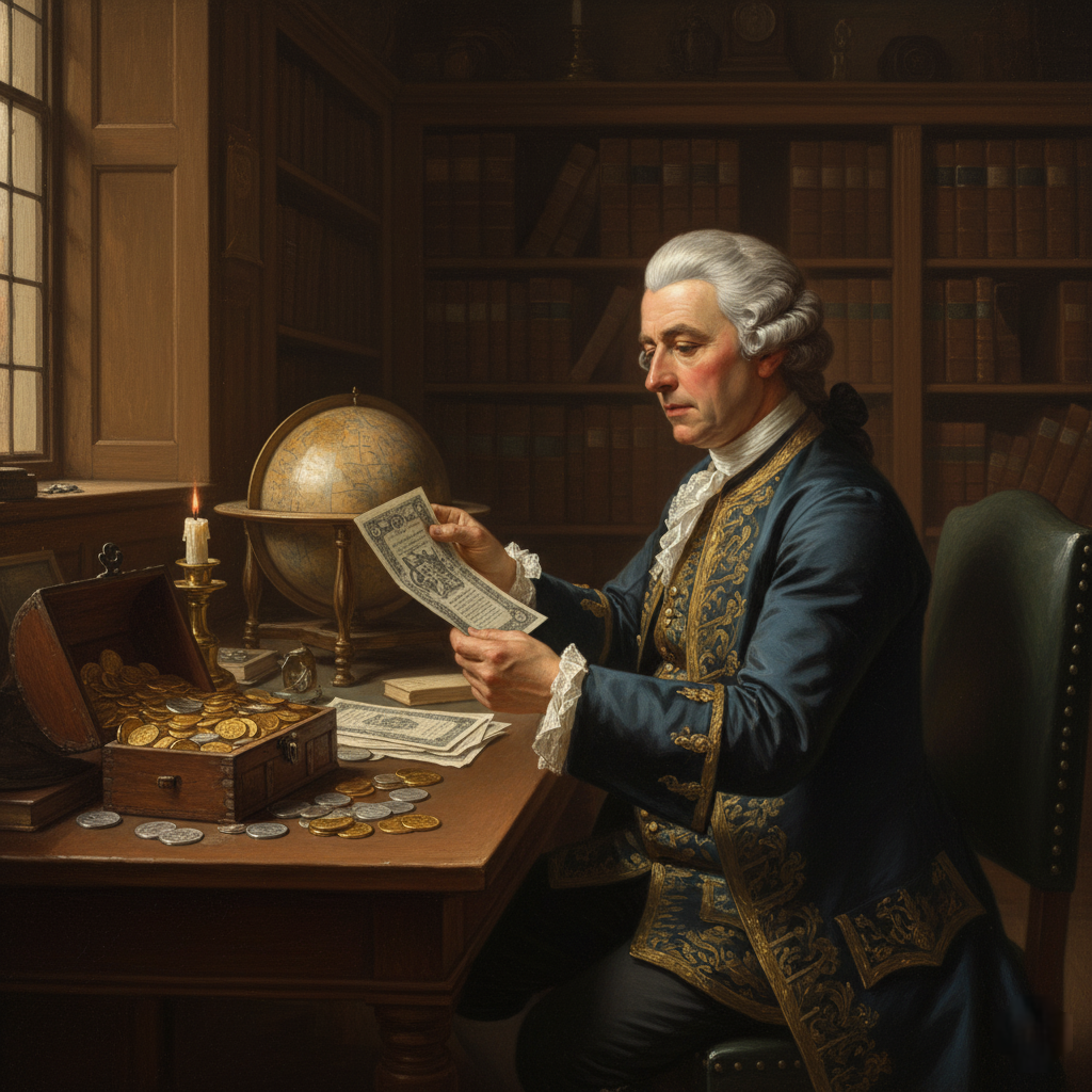 An older gentleman in an 18th-century blue and gold frock coat and white periwig is seated at a wooden desk, examining a historical document or banknote. A half-open wooden chest overflowing with gold and silver coins sits beside him, next to a lit candle, a stack of paper currency, and a small globe, all in a dimly lit, book-lined room.
