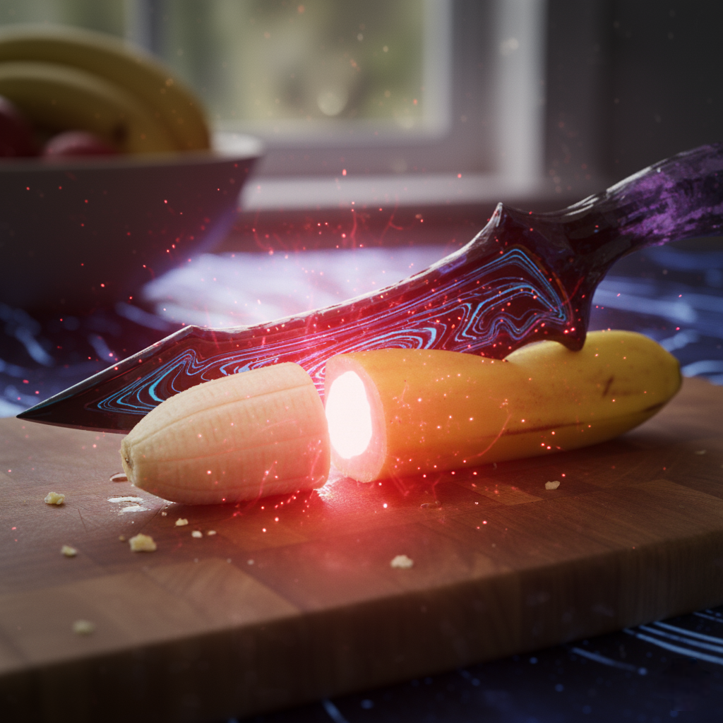 An alien-style knife with a glowing blue edge and a purple, textured hilt cuts a banana in half on a wooden cutting board. A bright red, ethereal glow emanates from the cut surface of the banana, casting light and tiny particles into the air. The background is darker than the foreground, with subtle, illuminating blue patterns on a surface and a soft, out-of-focus window and bowl of fruit visible in the distance.