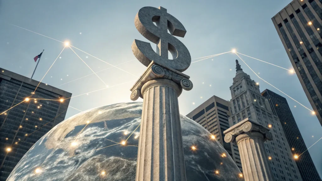 A stone dollar sign on a classical column, with a globe at its base, in the middle of a modern city.