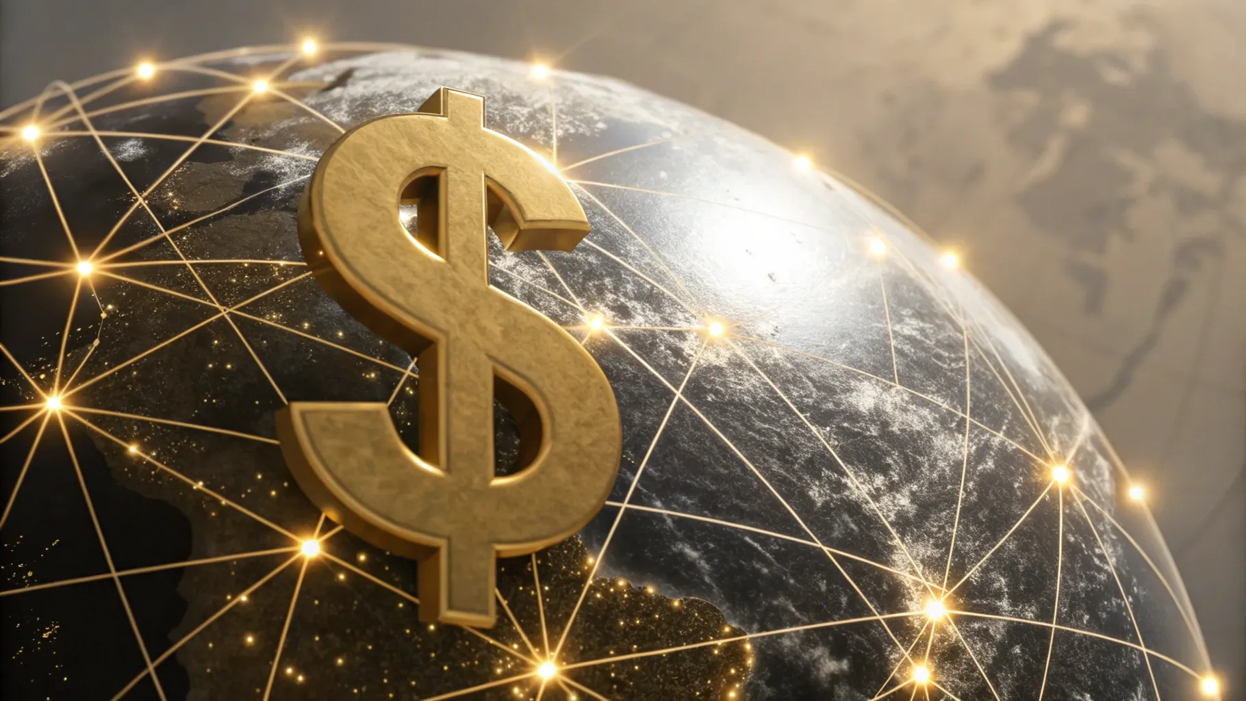 A golden dollar sign floating above a textured, wireframe globe, with glowing lines connecting various points on the surface.