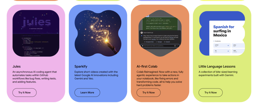 This is a continuation of the Google Labs Experiments page, showing four more projects. They include Jules, an asynchronous AI coding agent that automates tasks within GitHub workflows like fixing bugs and writing tests; Sparkify, a project for exploring short videos created with the latest Google AI innovations, including Gemini and Veo; AI-first Colab, a reimagined Colab notebook with a fully agentic experience to take actions like fixing errors and transforming code; and Little Language Lessons, a collection of bite-sized learning experiments built with Gemini, featuring an example titled 'Spanish for surfing in Mexico'.