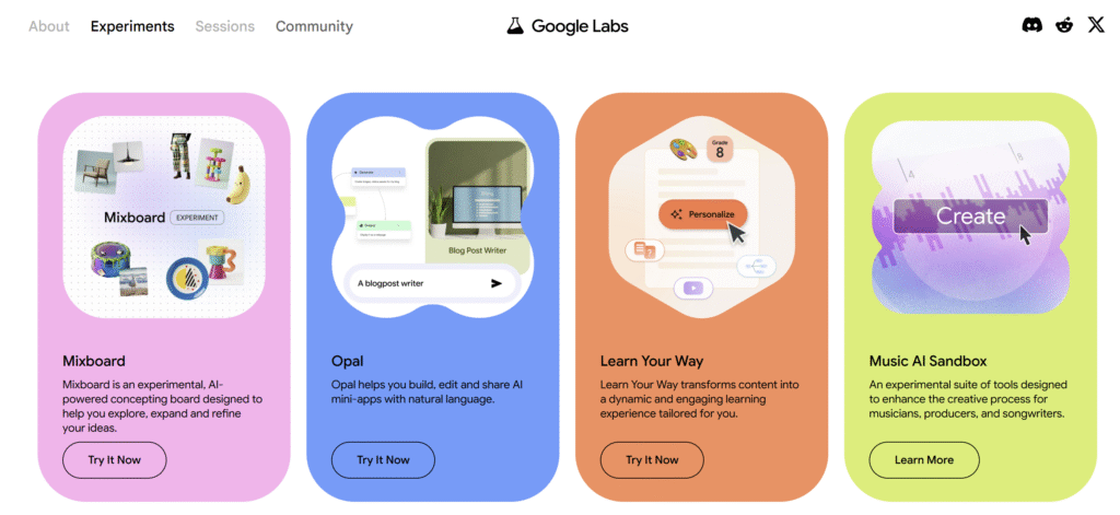 A screenshot of the Google Labs 'Experiments' page displays four innovative projects. From left to right: Mixboard, an experimental, AI-powered concepting board; Opal, which helps users build, edit, and share AI mini-apps with natural language; Learn Your Way, a tool that transforms content into a dynamic and engaging learning experience, with an example showing a 'Personalize Grade 8' option; and the Music AI Sandbox, an experimental suite of tools designed to enhance the creative process for musicians and producers.