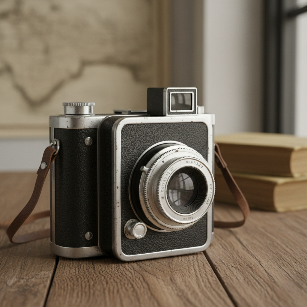 Close-up of a classic square-bodied camera with a silver lens and black leather casing, resting on a wooden surface with stacked antique books in the blurred background.