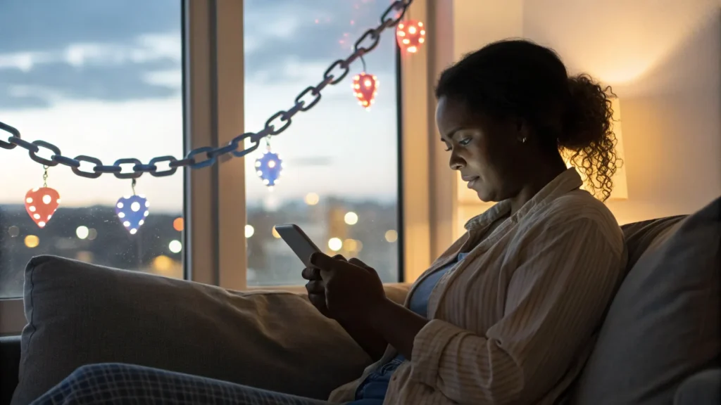 Woman looking at work emails while relaxing indoors at night.