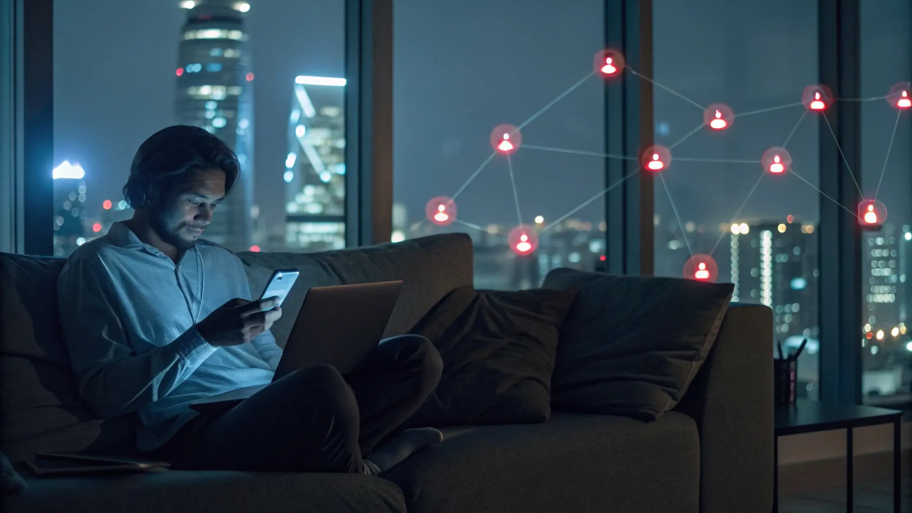 Man using phone and laptop on a couch at night, connected to a digital network grid.
