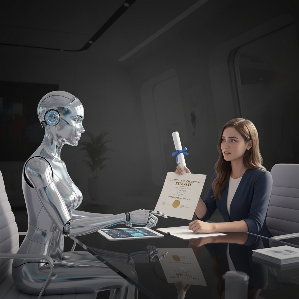 Anxious female college graduate showing her diploma to a chrome humanoid AI robot interviewer, in a high-tech office.