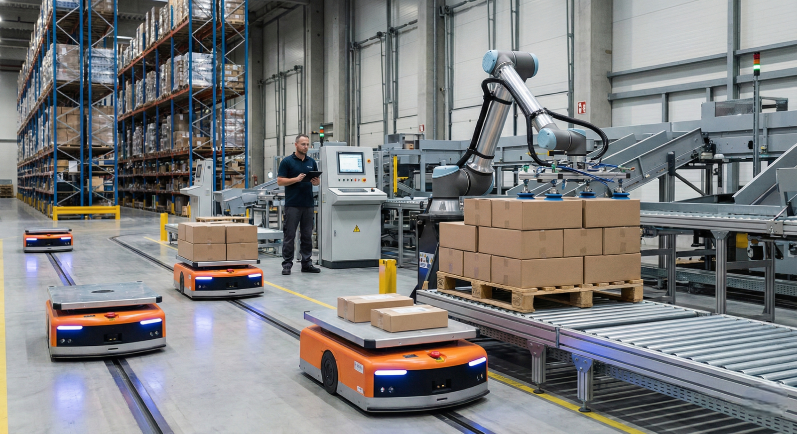 A modern warehouse demonstrating AI automation, featuring orange autonomous mobile robots transporting goods and a robotic arm stacking boxes, while a human worker monitors the system using a tablet.