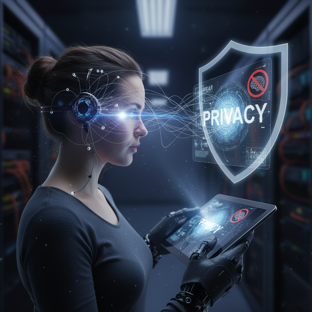 A woman, with a focused expression, is wearing a sleek, futuristic neuro-headset integrated with subtle nanotech components. This device is actively reading her brain signals, visualized as glowing blue data streams emanating from her temples. These streams converge on a transparent, holographic shield displaying the word "PRIVACY" inside a prominent, digital security badge, symbolizing a defense against intrusion. However, the shield is being compromised, and the data is simultaneously feeding into a screen she holds, which could represent a portal where her mental data is being processed, sold, or used, highlighting the threat to mental privacy posed by advanced brain-computer interfaces and the data economy.