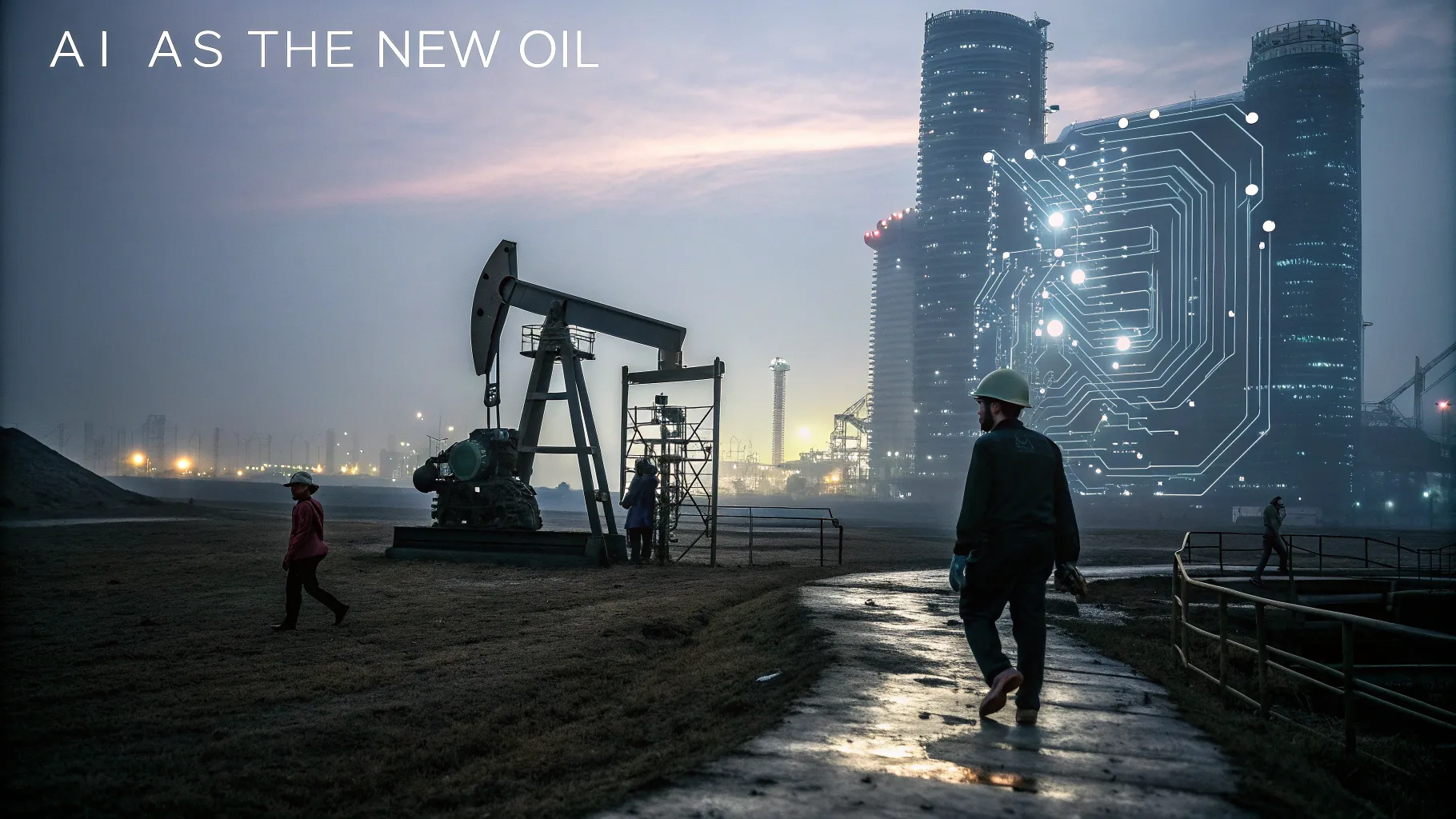 A conceptual image comparing AI to oil. In the foreground, an oil pumpjack sits in a hazy, industrial field near figures. In the background, modern skyscrapers are overlaid with glowing digital circuit patterns, symbolizing AI. The text "AI AS THE NEW OIL" is at the top left.
