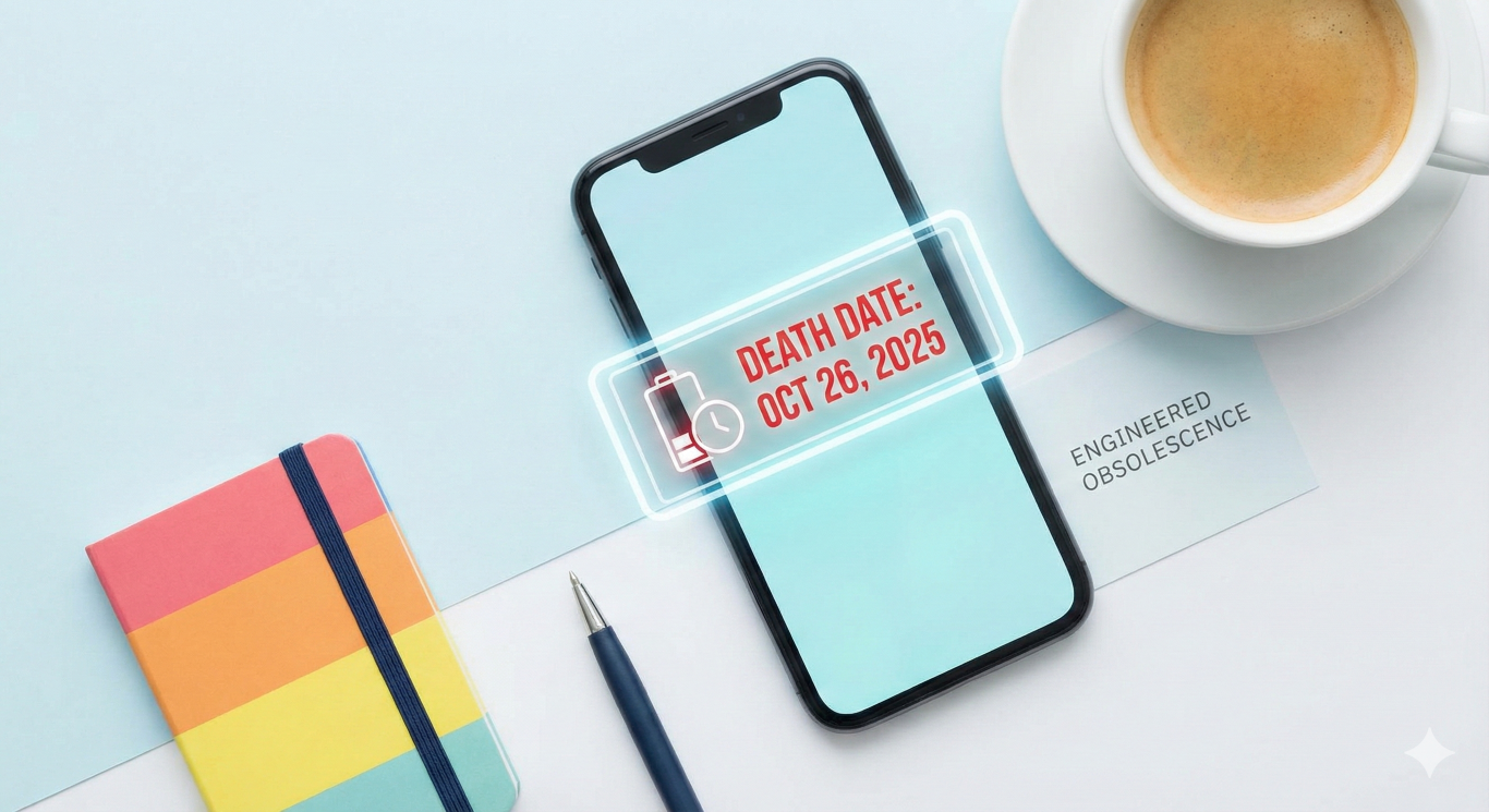 A smartphone on a clean desk displaying a glowing holographic warning that reads "DEATH DATE: OCT 26, 2025," illustrating the concept of engineered obsolescence, accompanied by a colorful notebook and a cup of coffee.