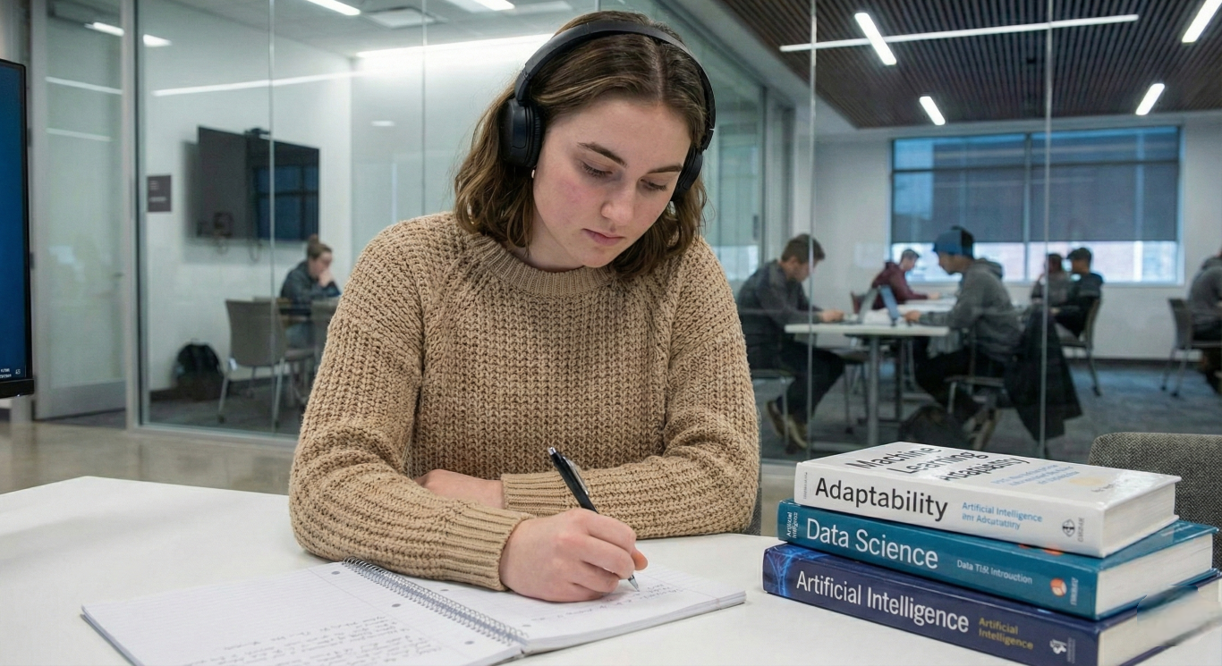 A young woman wearing black headphones and a beige knit sweater writes in a spiral notebook with a pen at a white table in a modern library. A stack of three textbooks, including one titled "Adaptability" and "Artificial Intelligence," sits beside her. Other students and glass walls are visible in the background.