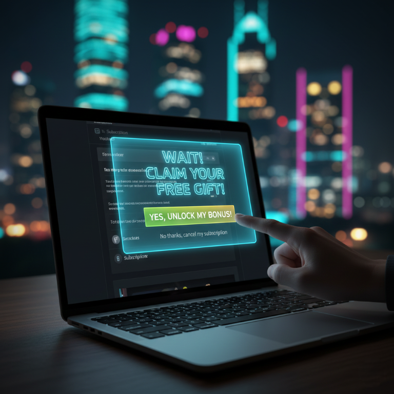 A hand is shown about to click a neon green "YES, UNLOCK MY BONUS!" button on a laptop screen, which displays a "WAIT! CLAIM YOUR FREE GIFT!" pop-up in a dark city night setting, illustrating a subscription cancellation trap.