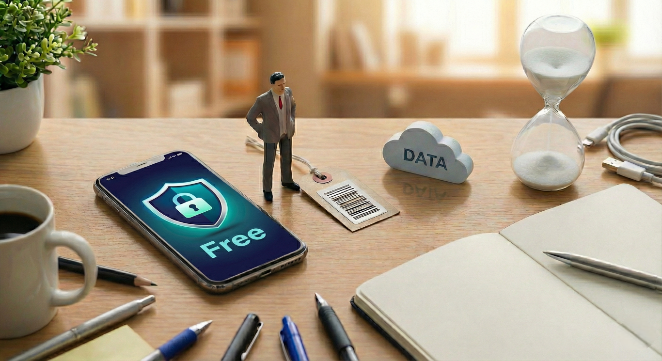 A professional flat-lay composition on a grey background illustrating the concept of data privacy. The image features a smartphone displaying a glowing app icon, a miniature human figure standing next to a cardboard price tag with a barcode, a cloud prop labeled 'DATA', and an hourglass. This scene symbolizes the trade-off of personal data and time when using free mobile applications.
