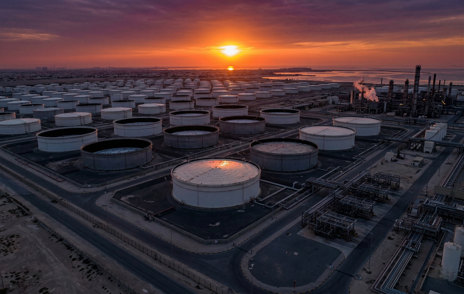 Aerial view of a global oil storage facility representing strategic petroleum reserves held by governments.